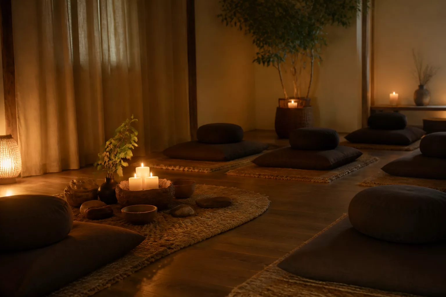 Sala serena preparada para una sesión de meditación en grupo pequeño